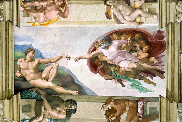 The Creation of Adam from the Sistine Chapel ceiling by Michelangelo Buonarroti ; fresco, 1508 - 12.