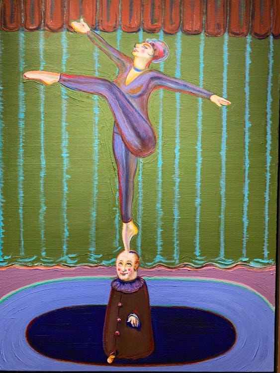 Wayne Thiebaud at Laguna Art Museum – Art and Cake - a painting by Wayne Thiebaud of clowns, its very colorful and surreal! At the center is aclown in a brown overcoat and balancing on one foot on top of his head is a ballerina/dancer in a purple coverall suit with their arms in the air. Behind them is a green curtain with blue stripes.