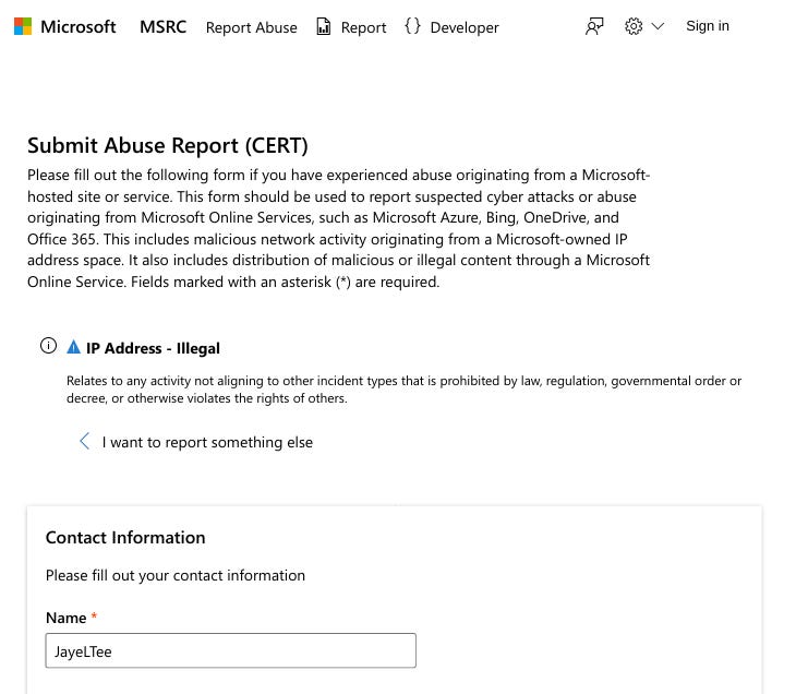 Screenshot of the Abuse Report form from MSRC portal. The post mentions multiple reasons why the form should be submitted and shows the option I chose.