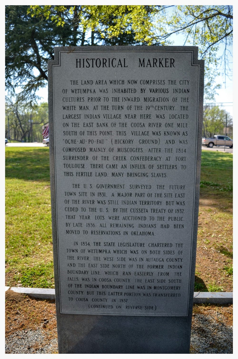 Wetumpka stone historical marker side 1, Wetumpka, Elmore County, Alabama