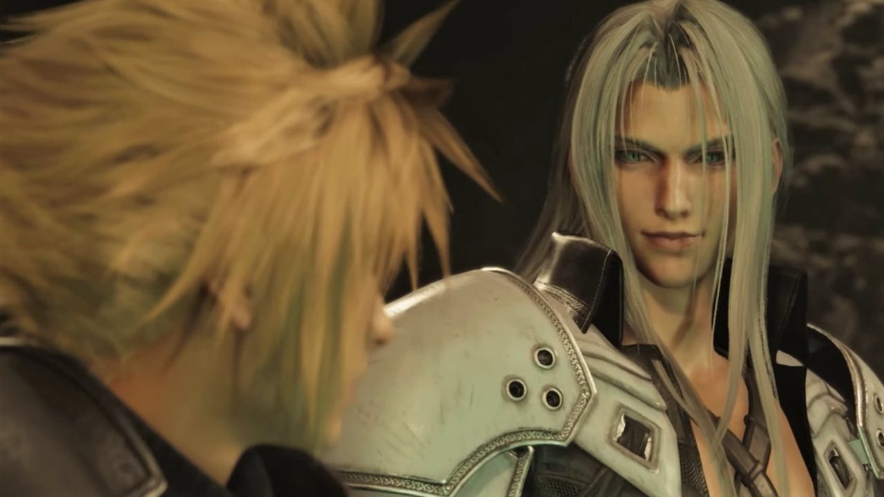 Still from Final Fantasy VII. Sephiroth looks at Cloud with a slight smile.
