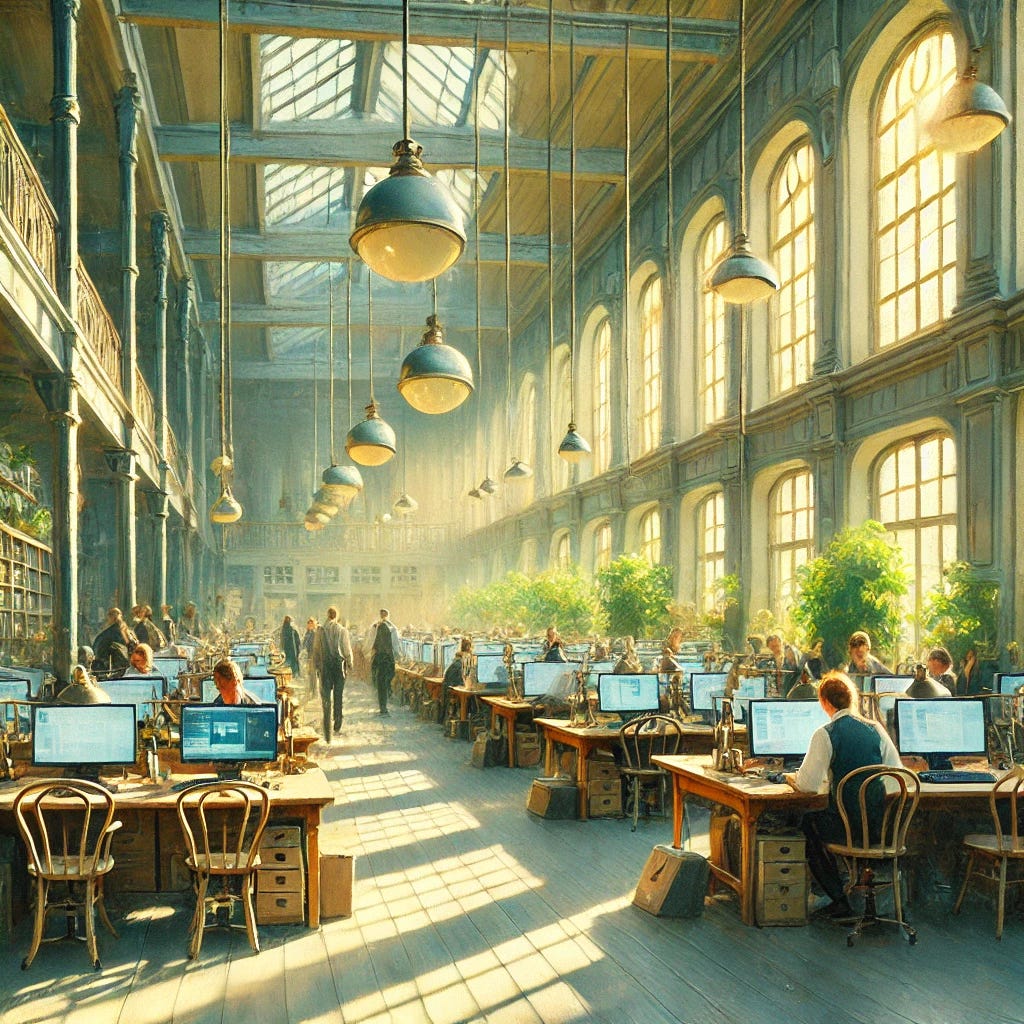 An impressionistic oil painting in the style reminiscent of Fritz Syberg, depicting a harmonious working space in Copenhagen. The room is filled with computers and people working efficiently, all in a serene and organized atmosphere. The scene is bathed in soft, dappled light, evoking a peaceful, sunny day. The color palette is gentle, using pastel-like tones to create a sense of calm and tranquility. The environment feels optimized, with a quiet, productive energy, capturing the charm and balance of a modern workspace in a historic city.