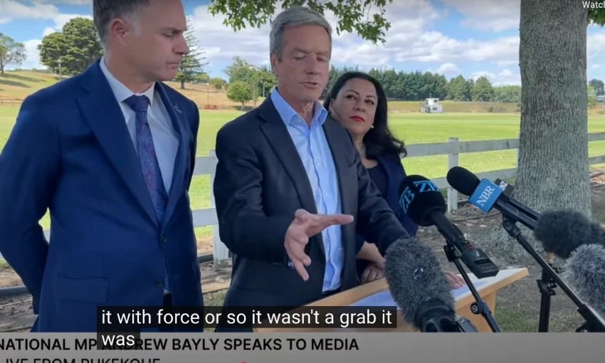 National former minister Andrew Bayly standing in a suit in a field, with right arm extended in a grabbing motion. Two colleagues flank him