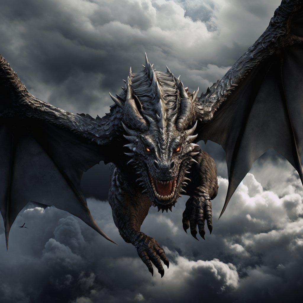 close up of DRAGON Flying through dark clouds, realistic very detailed skin --style raw