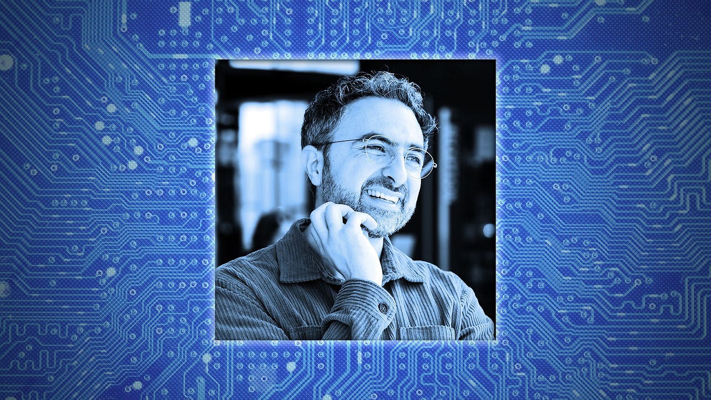Photo illustration of Mustafa Suleyman against a circuit board background.