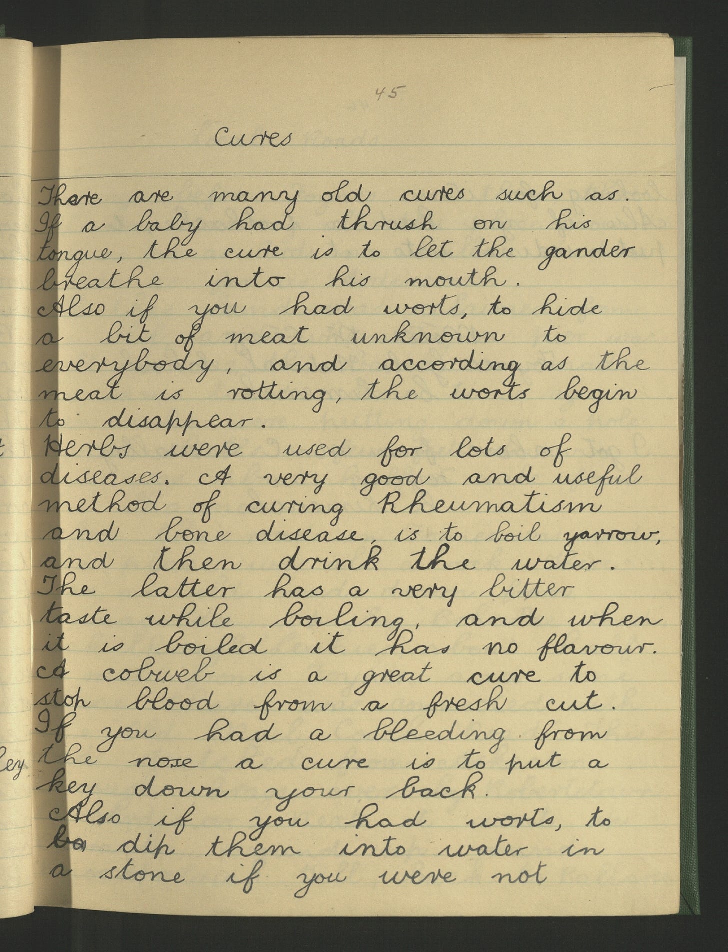 A handwritten page of beautiful cursive writing detailing outlandish 'cures' of the early 20th century in rural Ireland