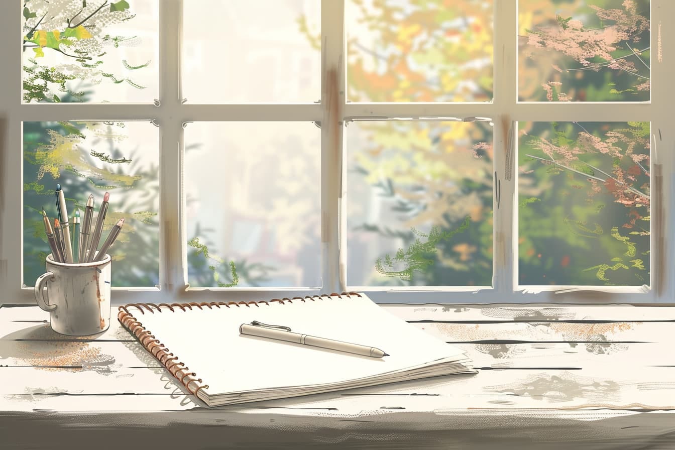 A digital painting of a window overlooking a garden. To the left, a cup of colored pencils; to the right, a notebook with a pen resting on top.