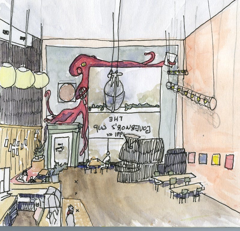 Watercolor painting of interior of coffee shop