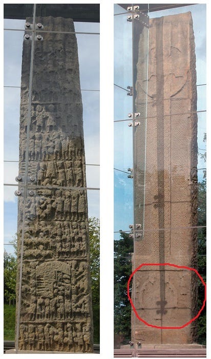 Photographs of the two main faces of Sueno's Stone with their respective carvings: rows of graphic battle scenes on the reverse face and a giant Irish-style ringed cross on the front face, with a defaced scene underneath thought to represent a royal inauguration.