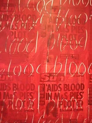 "Blood" in red paint over a Sun headline about AIDS