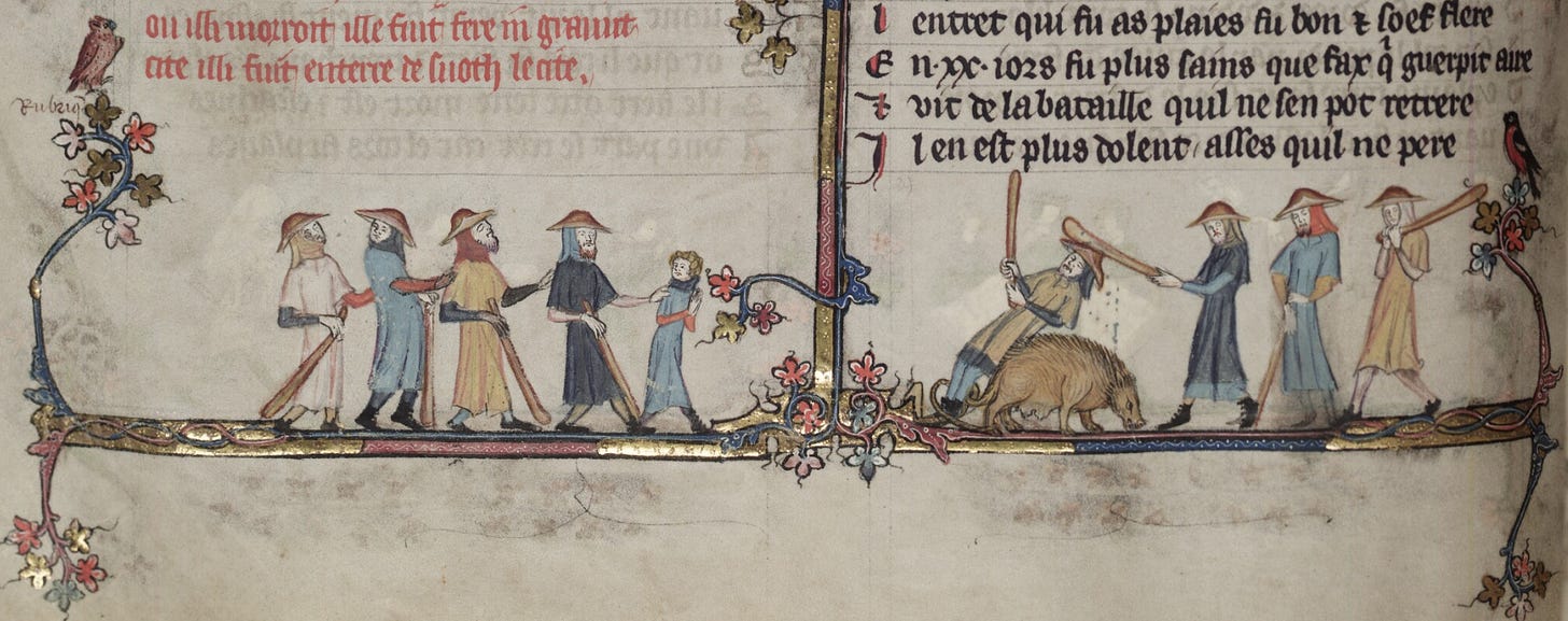 An illustration from the Medieval book depicting a crowd observing four blind men with sticks chasing a pig