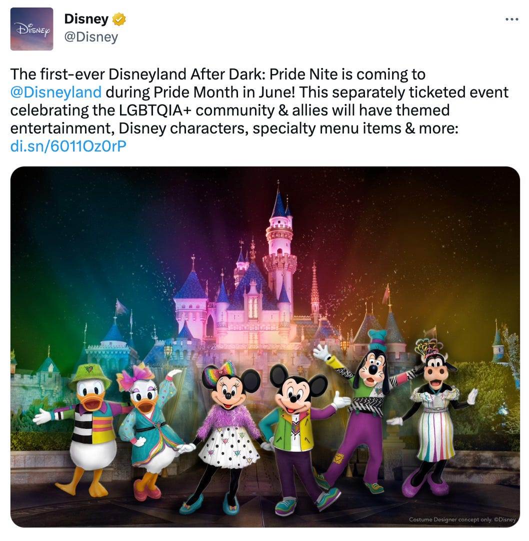 Disney characters in front of the castle with a rainbow glow