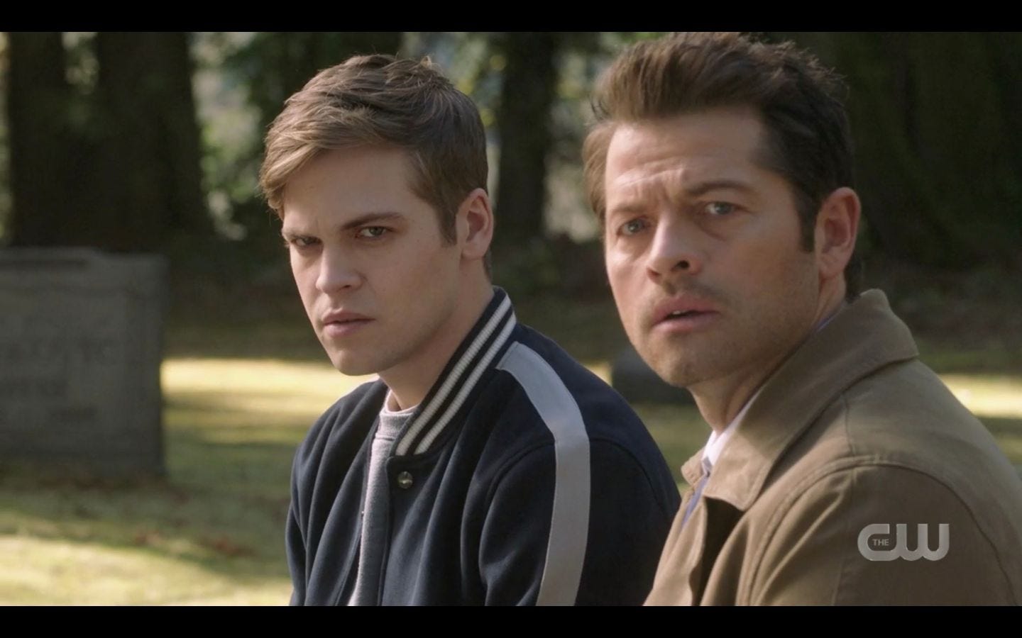 Castiel with Jack watching as Dean Winchester runs at them SPN 14.20