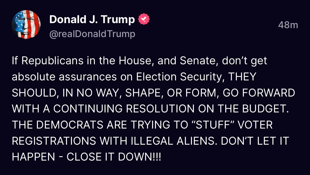 Reese Gorman on X: "Trump calls for Republicans to shut the government down  if a CR with the SAVE ACT attached can't pass — which it won't  https://t.co/khfCph9P1b" / X