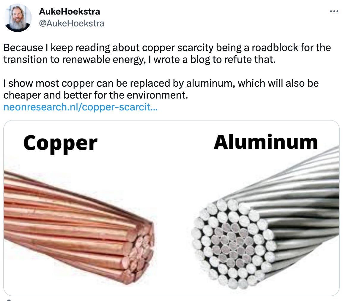  See new Tweets Conversation AukeHoekstra @AukeHoekstra Because I keep reading about copper scarcity being a roadblock for the transition to renewable energy, I wrote a blog to refute that.  I show most copper can be replaced by aluminum, which will also be cheaper and better for the environment. https://neonresearch.nl/copper-scarcity-will-not-materially-slow-down-the-energy-transition/