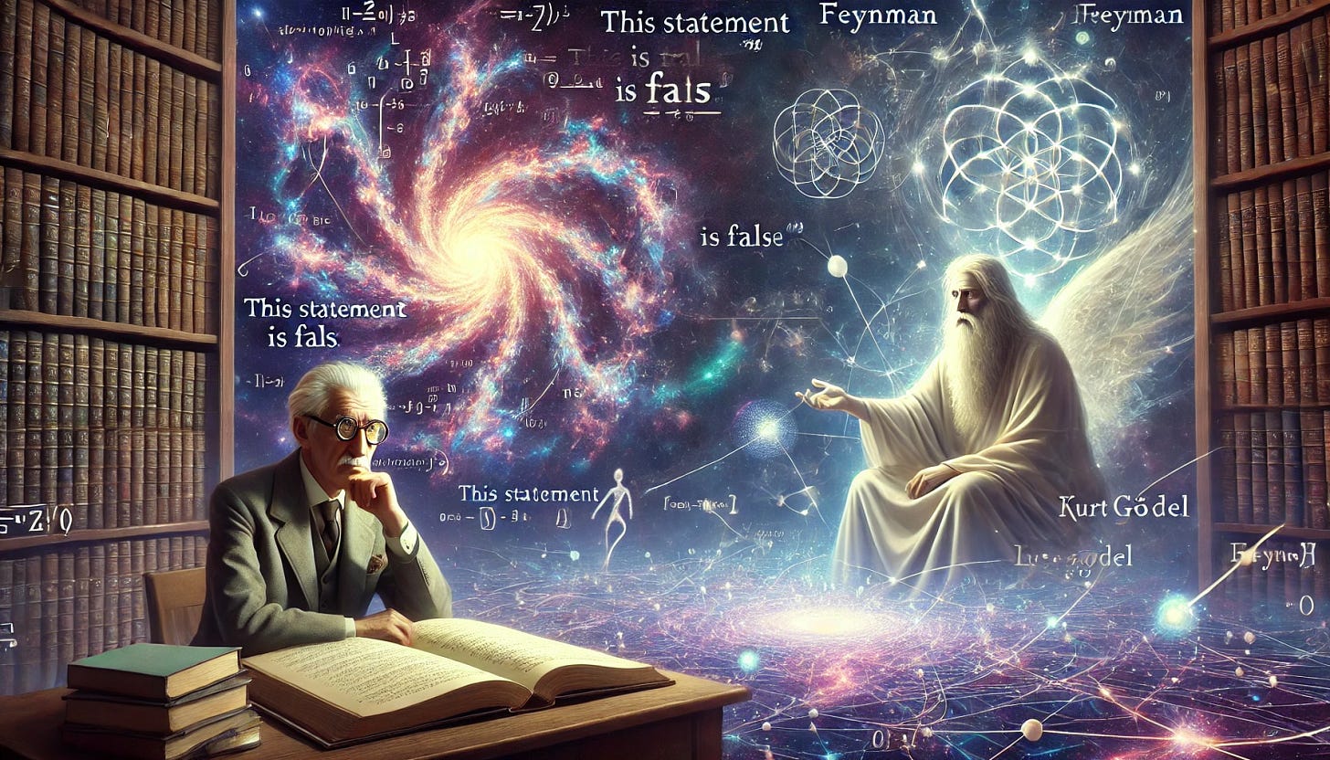 A surreal cosmic scene featuring Kurt Gödel and God sitting together in a vast celestial library filled with floating mathematical equations and quantum particles. Gödel, a thin man with glasses, contemplates an open book, while God, depicted as a luminous, abstract presence, gestures toward an infinite fractal landscape. In the background, paradoxical statements such as 'This statement is false' shimmer in the cosmic void, blending with Feynman diagrams and paths of quantum particles. The mood is philosophical and mysterious, with a soft ethereal glow.