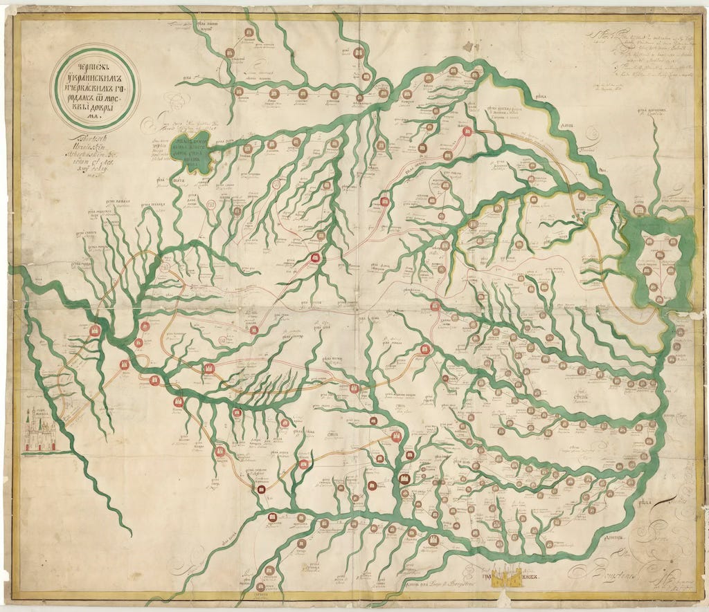 an archival map depicting the various tributaries of a river