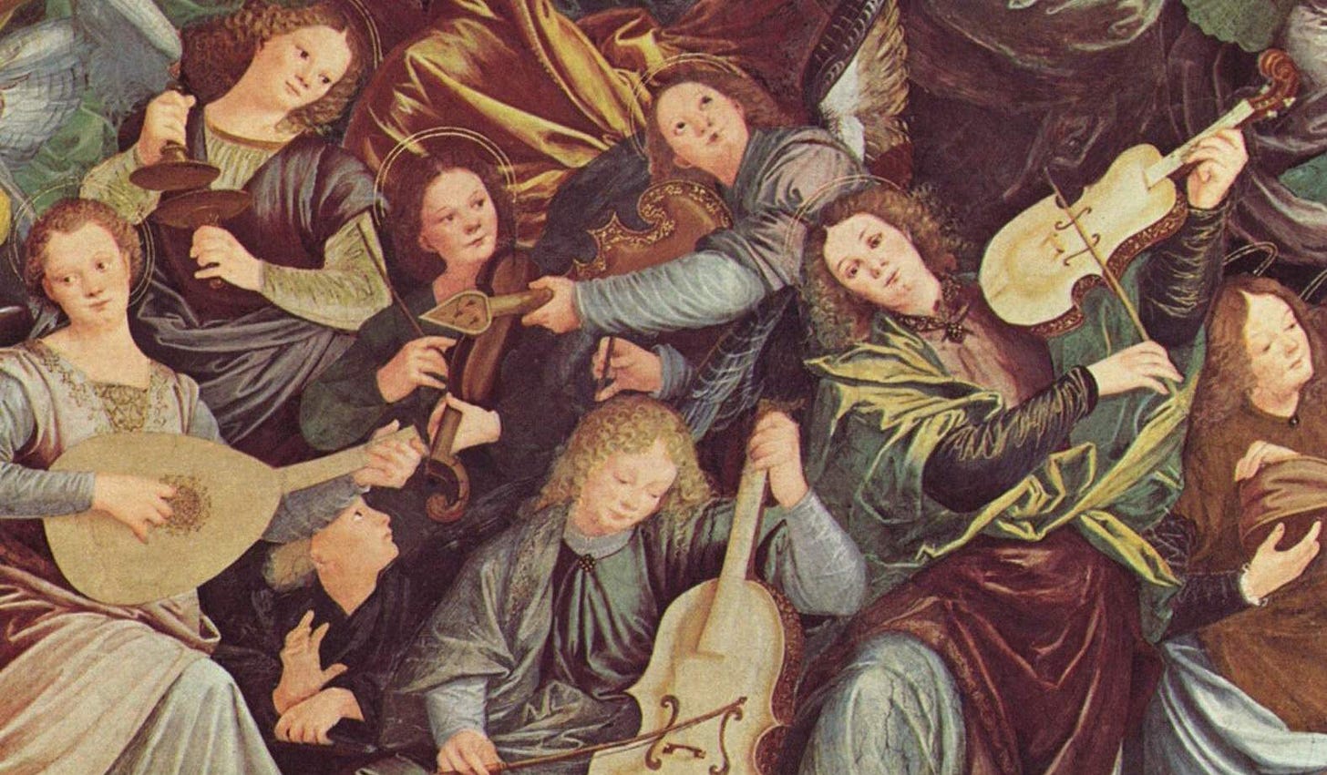Fragment fresku z grupą aniołów grających na różnych instrumentach