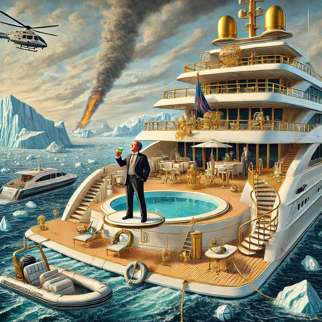 A depiction of a wealthy billionaire standing on the deck of an enormous, opulent superyacht, enjoying themselves with a drink in hand and a carefree, cheerful expression. The scene features luxurious items like a pool, gold trims, and a helipad on the yacht. In stark contrast, the background shows a distant view of a climate crisis—melting icebergs, rising seas, and smoky skies—underscoring the irony of their enjoyment. The art style is semi-realistic, combining detailed elements of luxury with the dramatic, symbolic elements of environmental disaster.