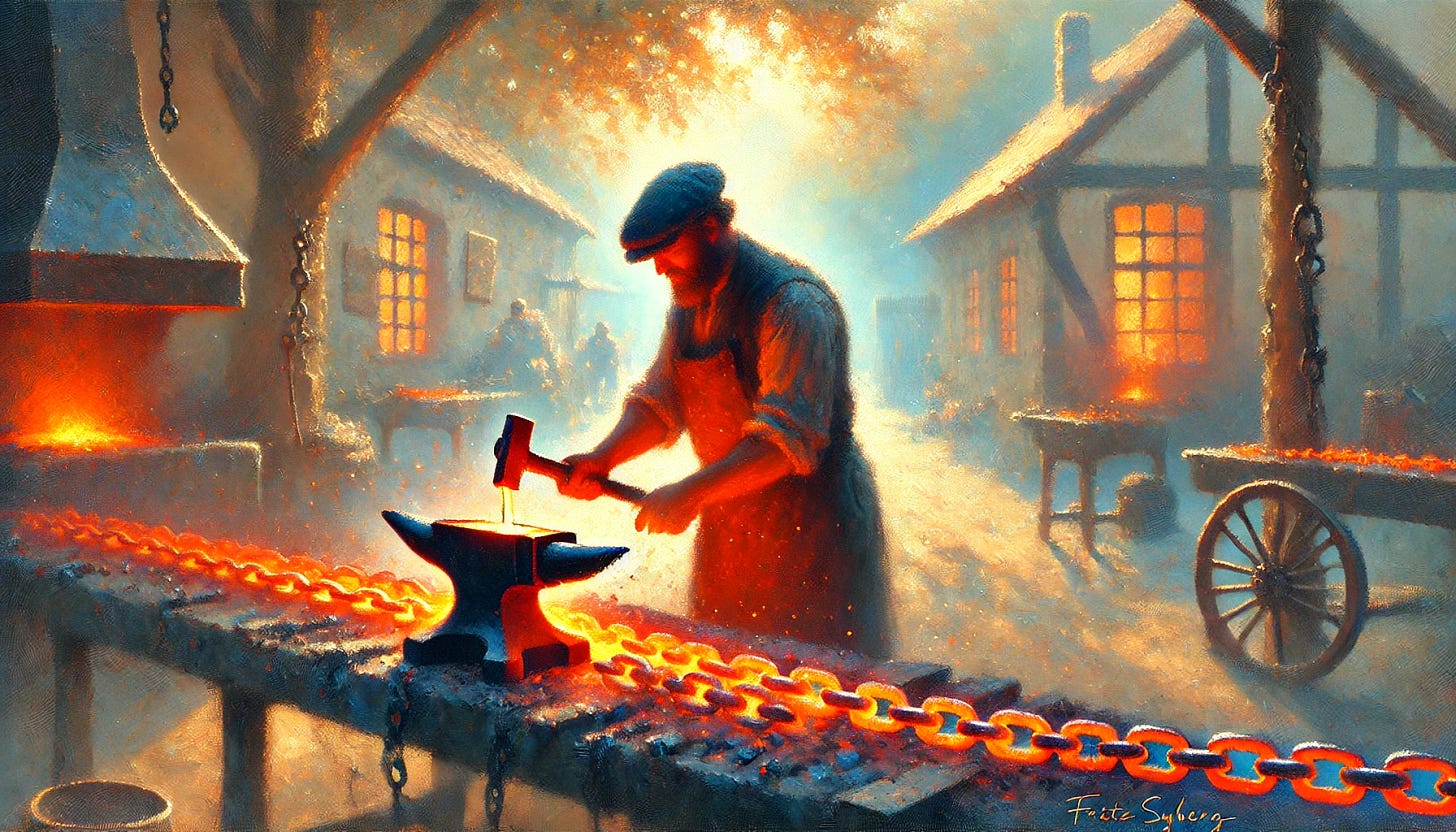 An impressionistic oil painting of a man forging a chain from molten lava. The artisan, in a quiet focus, gathers the glowing, fiery orange molten material, which illuminates his hands in a warm light. Each strike he makes carefully shapes the hot lava into individual chain links that cool and solidify into a strong structure. The atmosphere is serene and filled with soft, dappled light, reminiscent of Fritz Syberg’s style. Old European buildings in the background create a tranquil village scene under gentle, pastel colors, with a peaceful, sunny ambiance. The color palette is soft, with a blend of warm and cool tones, creating a harmonious, impressionistic atmosphere. Wide aspect ratio.