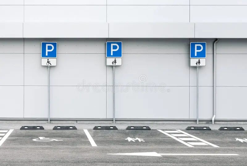 In a car park, a disabled parking spot is beside two family parking spots, clearly marked with sign posts and painted images of a mother holding hands with a child. 