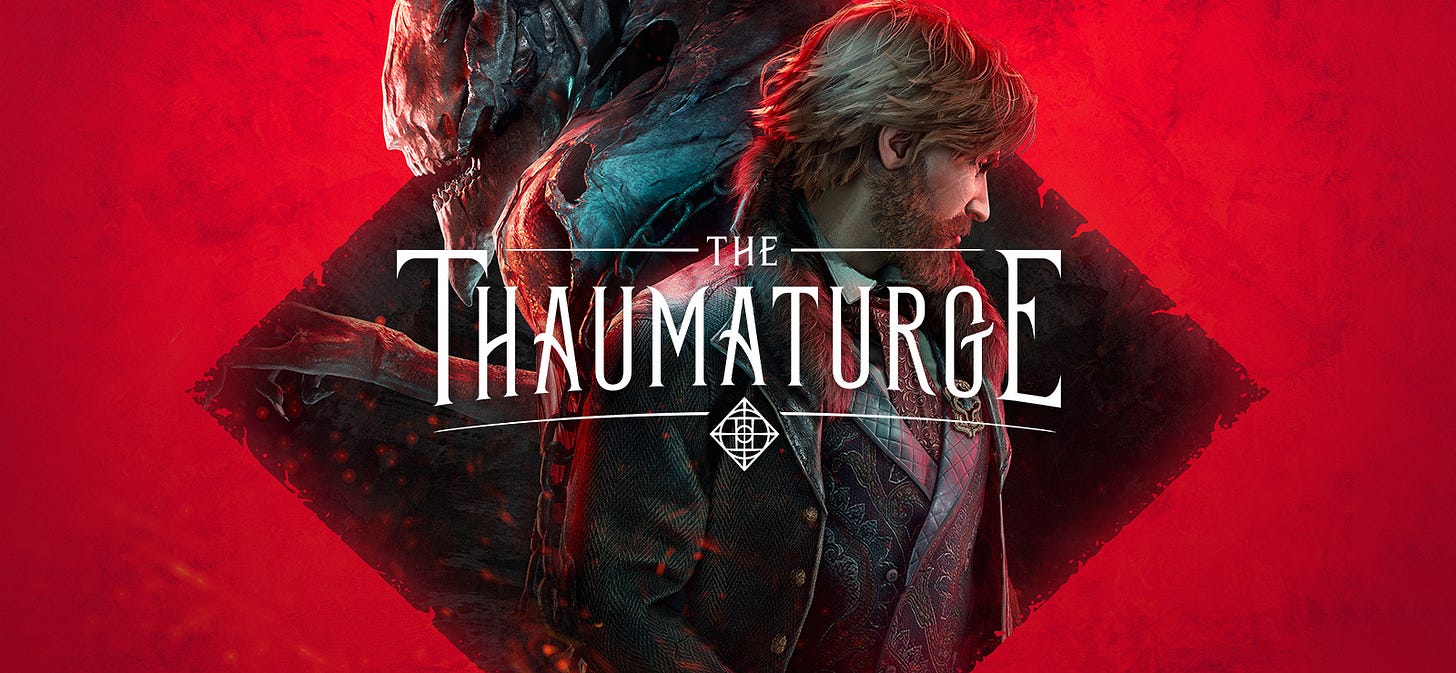 Cover art for the game The Thaumaturge, showing the player character and a salutor at the centre of a tilted square awash in deep red on all sides.
