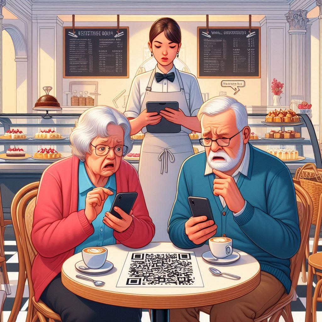 an elderly couple sitting at a café table in Athens, Greece, looking confused at a QR code on the table. They're holding smartphones awkwardly while a server stands by unable to help. In the background, a display case with desserts is visible