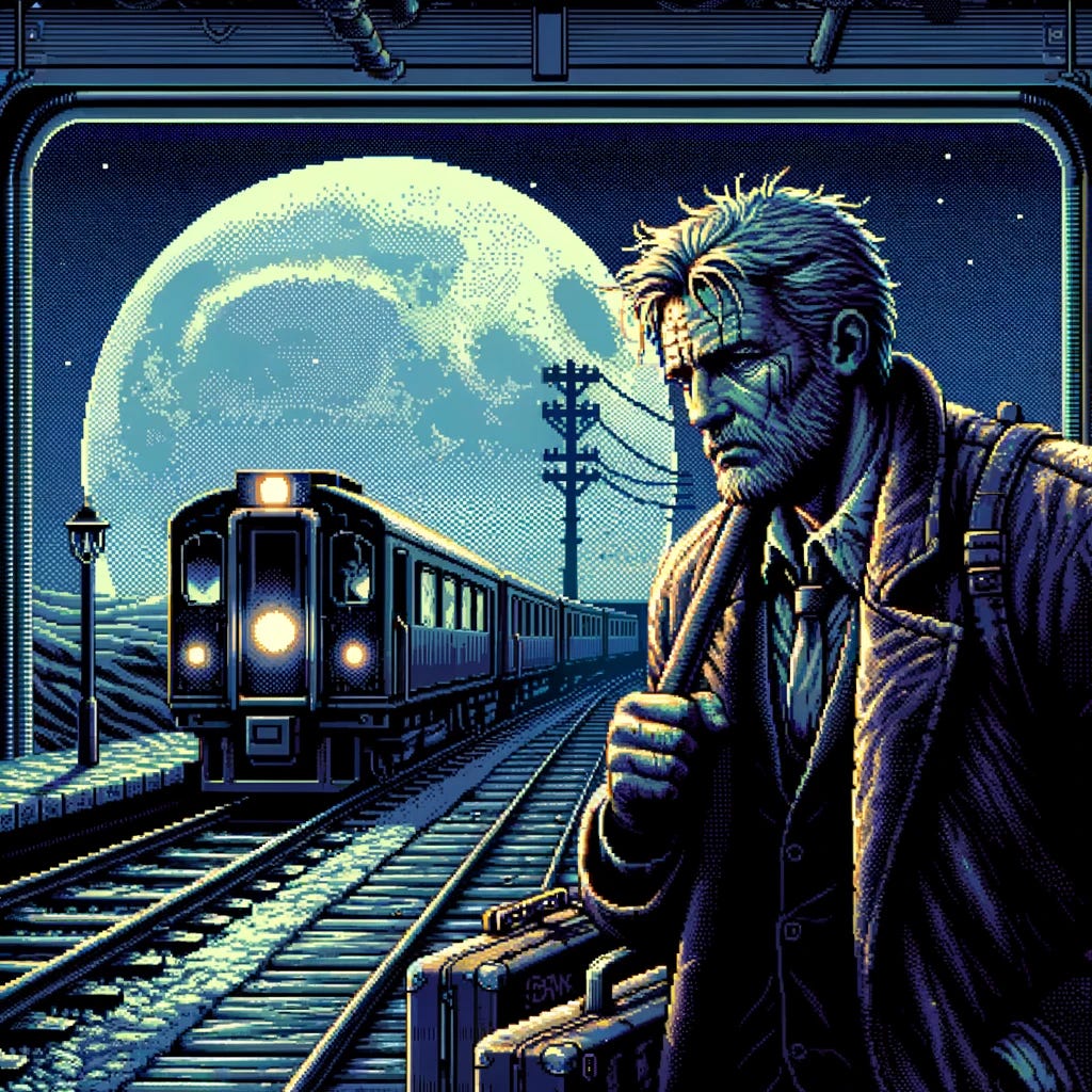 Create an image in the same 16-bit style reminiscent of SNK Neo Geo MAME arcade games, featuring a grizzled man leaving town at midnight on a lonesome train. The scene should capture the sense of solitude and departure, with the train moving through a desolate, moonlit landscape. The man should appear rugged and contemplative, possibly looking out of a train window or standing on the platform. The background should be dark and atmospheric, with a CRT television ripple effect to add to the surreal, intense vibe of the scene. The overall mood should be reflective and slightly melancholic, fitting the theme of a solitary journey at midnight.