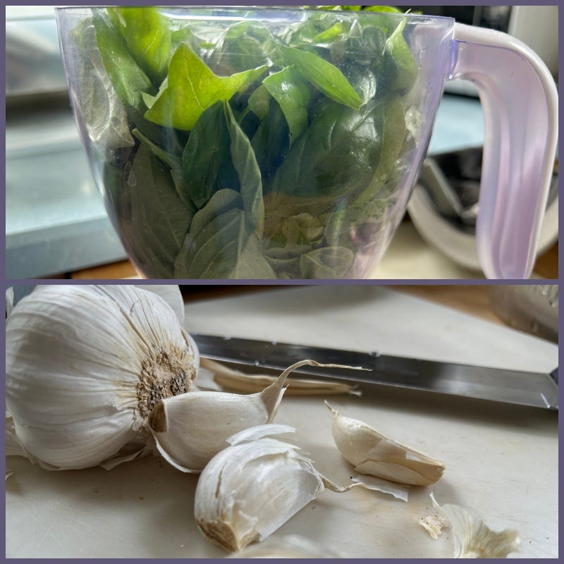 Diptych: blender with basil on top; garlic and chef's knife on bottom