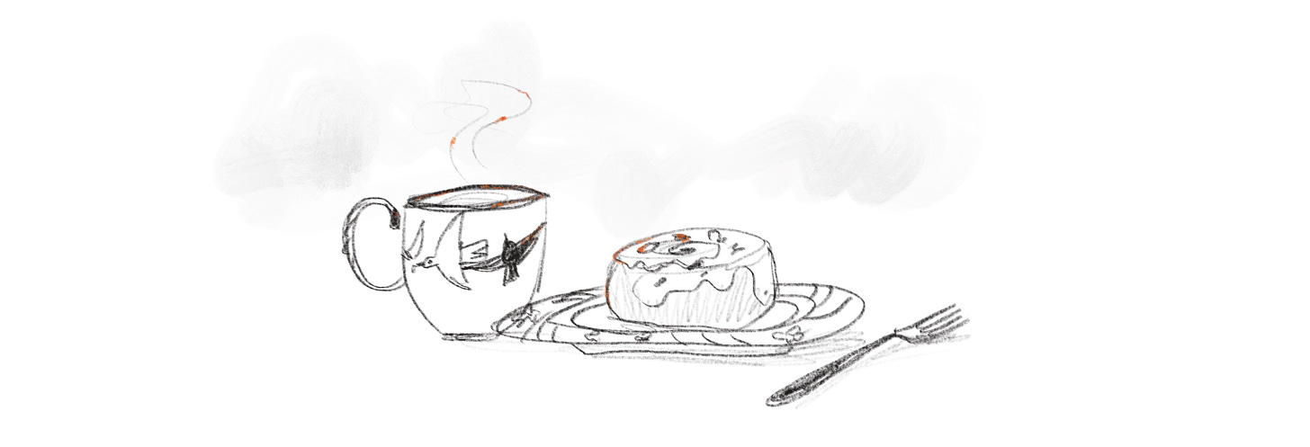 Sketch of a mug of tea, a fork, and a cinnamon roll on a plate. All of them have little sparks of embers in places, with a whiff of smoke. 