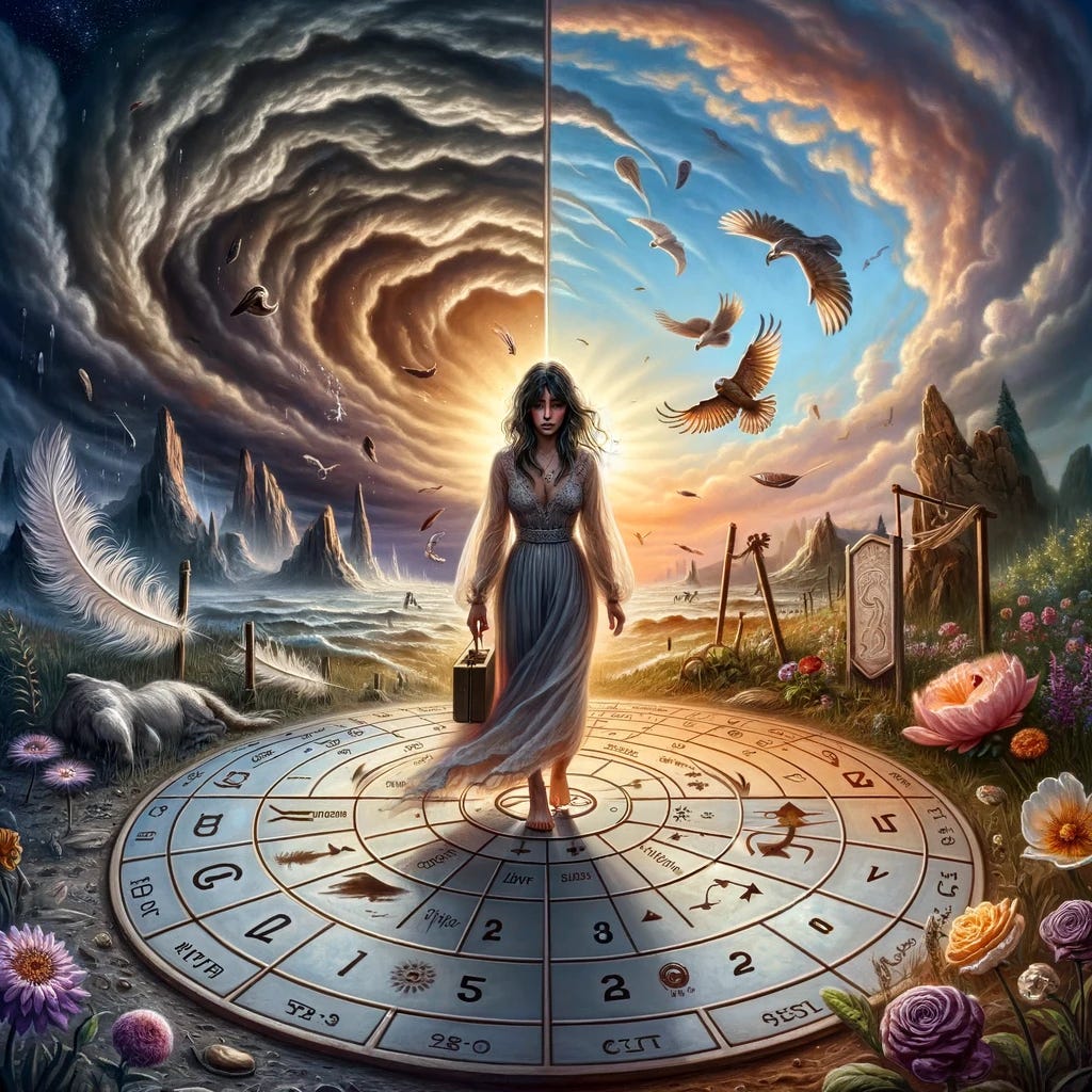 Envision The Wounded Dreamer in a clearing, under a sky that transitions from stormy to clear, symbolizing her journey through stress and personal growth. She stands in the center of a circular pattern on the ground, representing the Enneagram, with paths leading to various points that symbolize her core type and the directions of integration and disintegration. The Wounded Dreamer is depicted at the point that represents her core type, Type 4, with her gaze towards the path of growth leading to Type 1 (reflecting her move towards structure and principle in growth) and a glance back towards Type 2 (indicating her tendency to become overly people-pleasing under stress). In her hands, she holds a balance scale, balancing a heart and a feather, symbolizing her quest for emotional balance and authenticity. Around her, the environment reflects her inner state: one side of the clearing shows wilted flowers and a chaotic storm, representing her stress patterns, while the other side blooms with vibrant flora under a rainbow, symbolizing her growth and healing. This image captures The Wounded Dreamer's complex emotional landscape, her challenges, and her path towards a more balanced and authentic self.