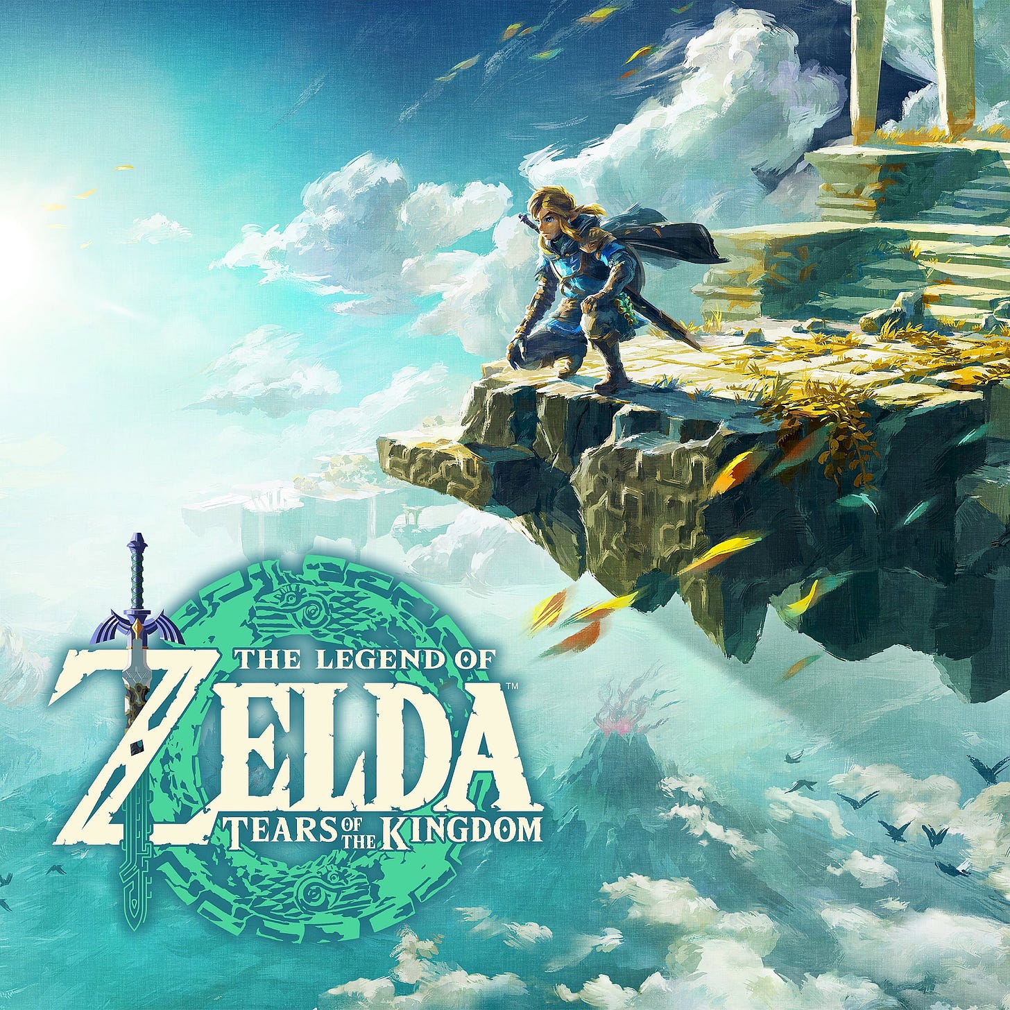 Zelda: Tears of the Kingdom cover image. Link is crouched on an island floating in the sky above the game logo.