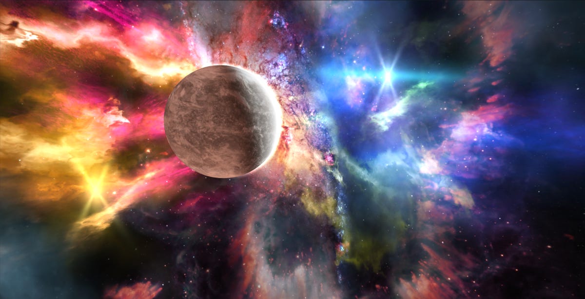 This graphic shows a potential visualization from the VR app TRIPP, it includes a planet floating in space against a background featuring stars and bright colors