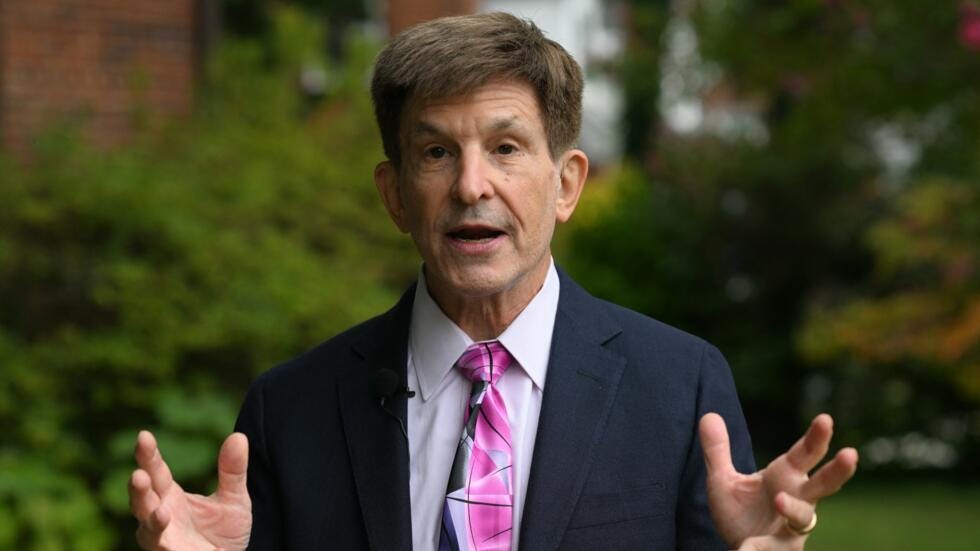 Historian and American University professor Allan Lichtman answers questions during an interview with AFP in Bethesda, Maryland, on September 7, 2024.