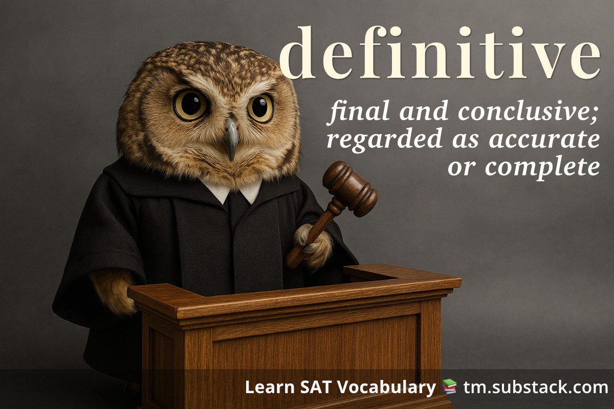 Illustration of an owl in judge's robes with a gavel at a podium; used to illustrate the SAT word 'definitive'.