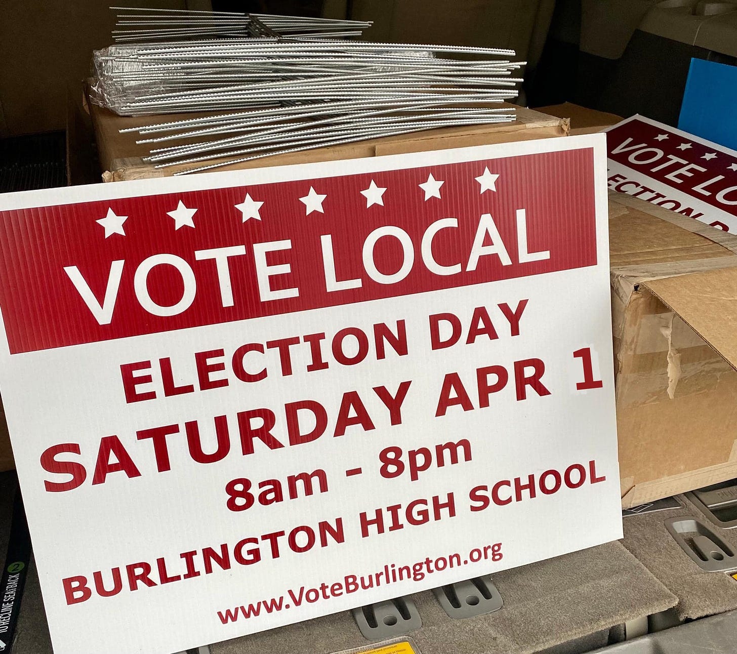 May be an image of text that says 'VOTELO VOTE LOCAL ELECTION APR 1 DAY 8am- SATURDAY -8pm SCHOOL BURLINGTON www.VoteBurlington.org HIGH'