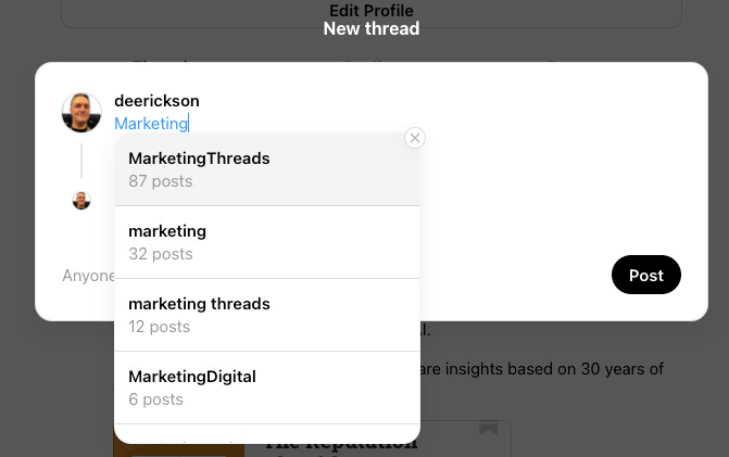 Screenshot o new Threads post with a related hashtag drop-down