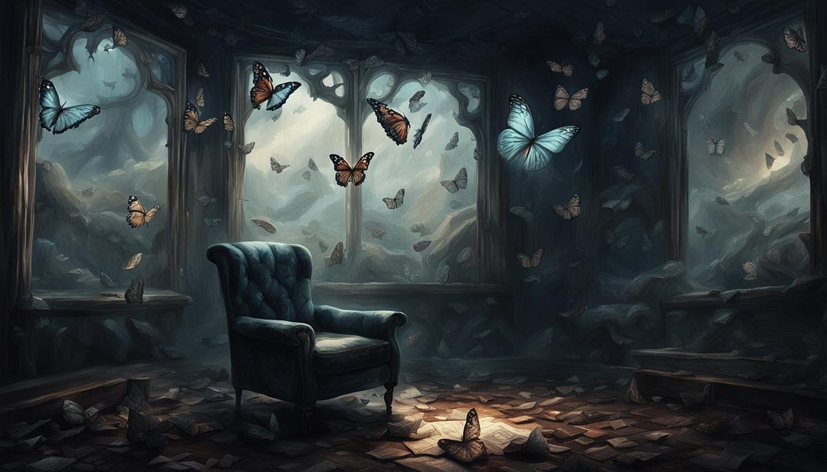 empty chair in a quiet room, butterflies