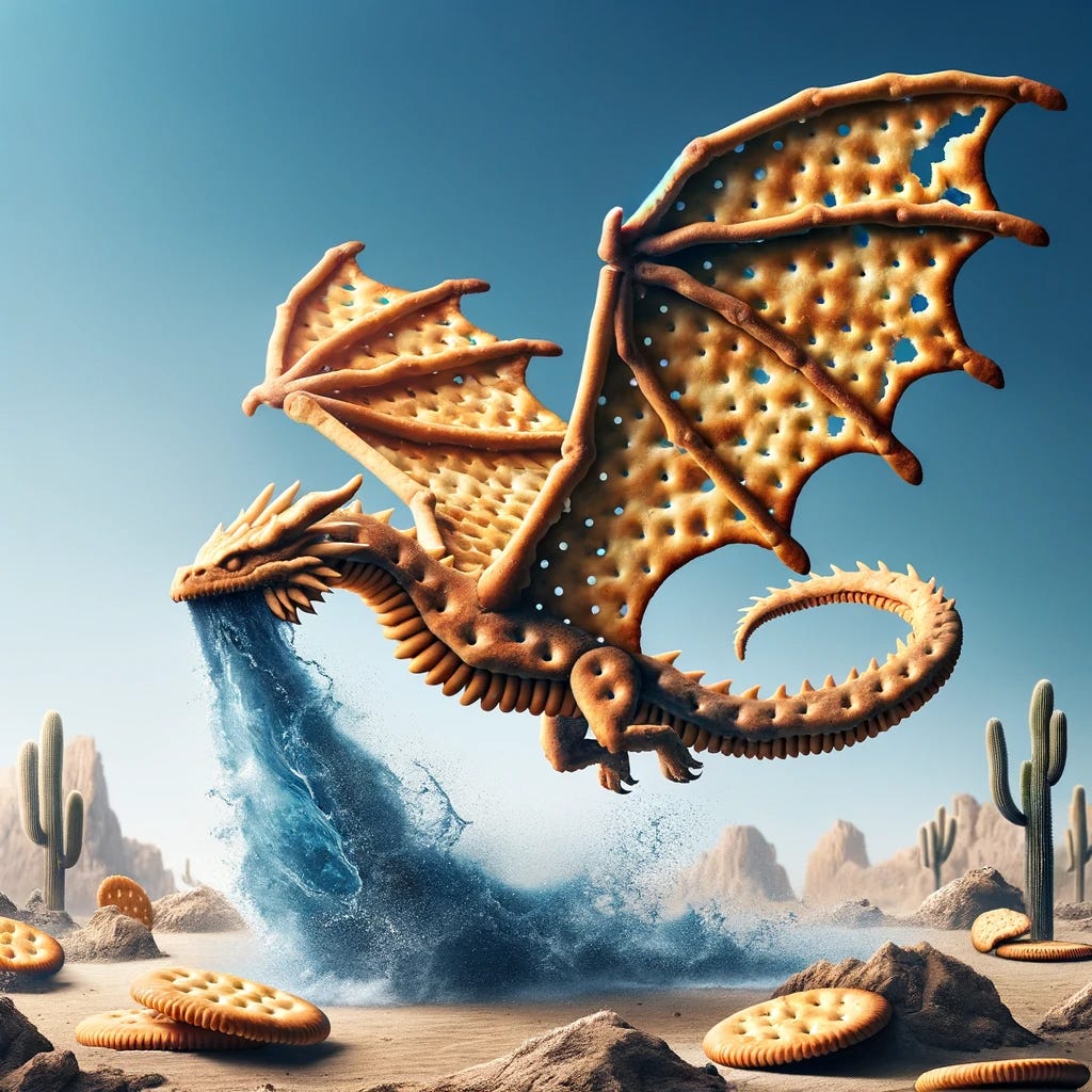 "A creative twist on the water dragon scene: the dragon's wings are transformed into dragon-shaped crackers. These cracker wings are detailed and realistic, resembling the texture and look of actual crackers, but still retain the shape and form of dragon wings. The dragon flies through the sky with these unique wings, adding an unusual and whimsical element to the already fantastical scene. The desert ecosystem on the dragon's back remains, creating a surreal combination of elements."