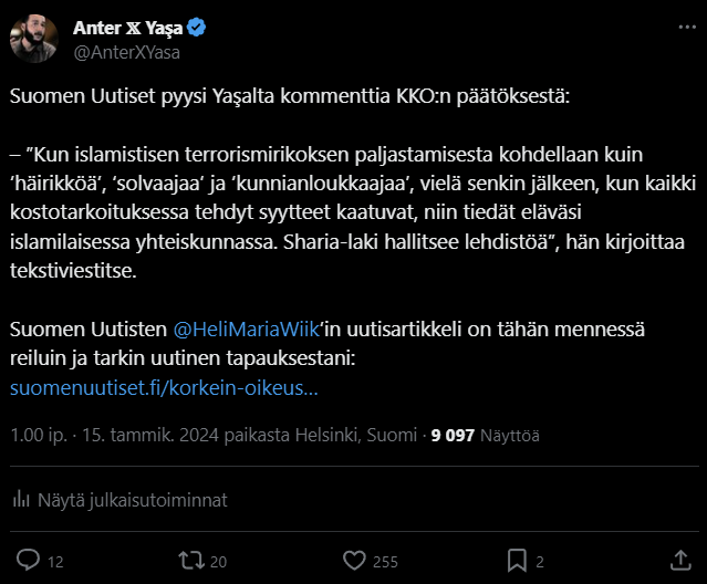 Alun perin kommenttini julkaissut Suomen Uutiset, poisti sen 24 tunnin sisällä. Päädyin vielä nurinkurisesti kehumaan heitä paikkansapitävästä uutisoinnista asiassa.