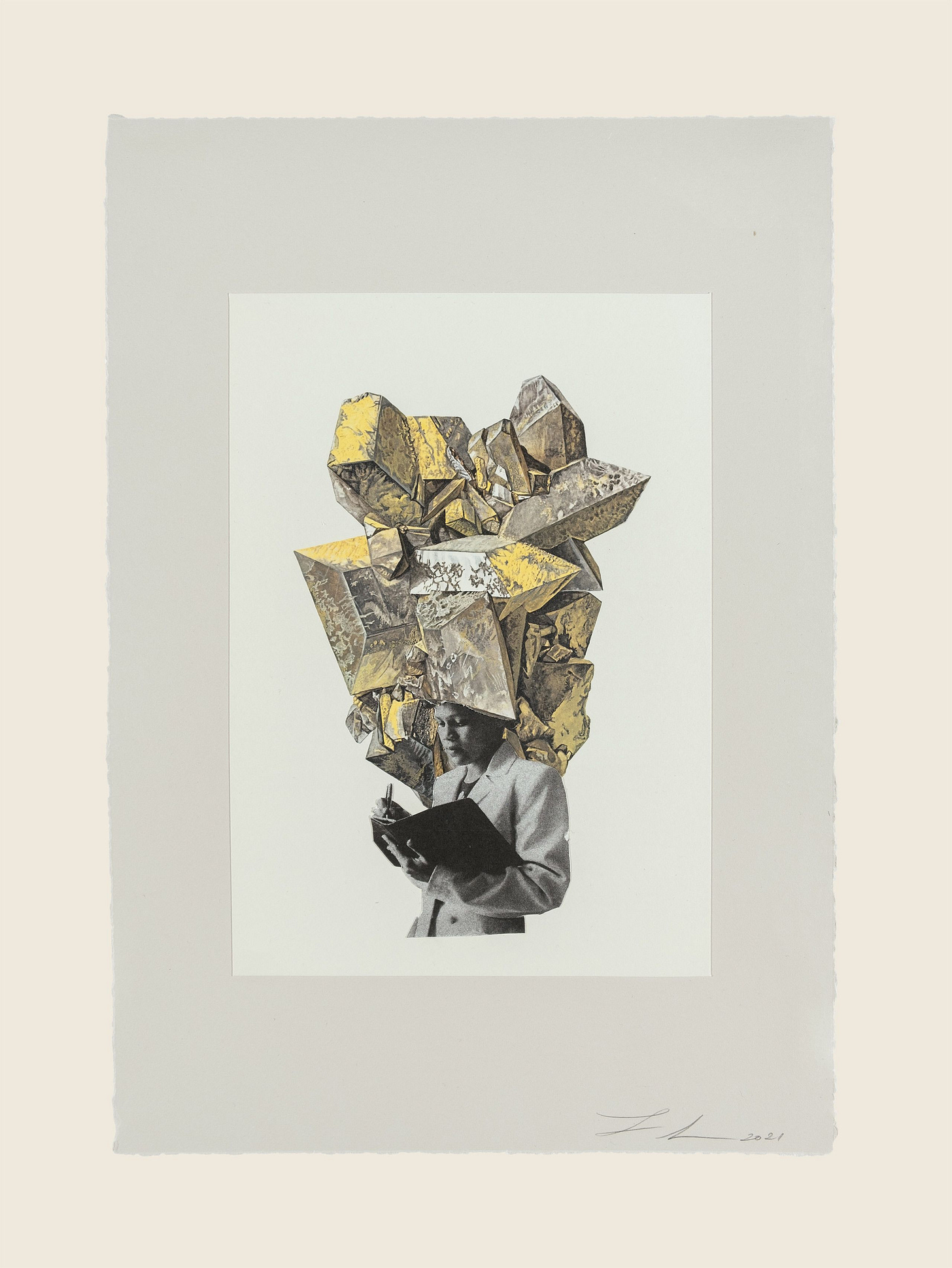 Collage on paper by Lorna Simpson. Silver and gold gemstones emerging from the head of a black figure writing. Collage on paper by Lorna Simpson. Silver and gold gemstones emerging from the head of a black figure writing.
