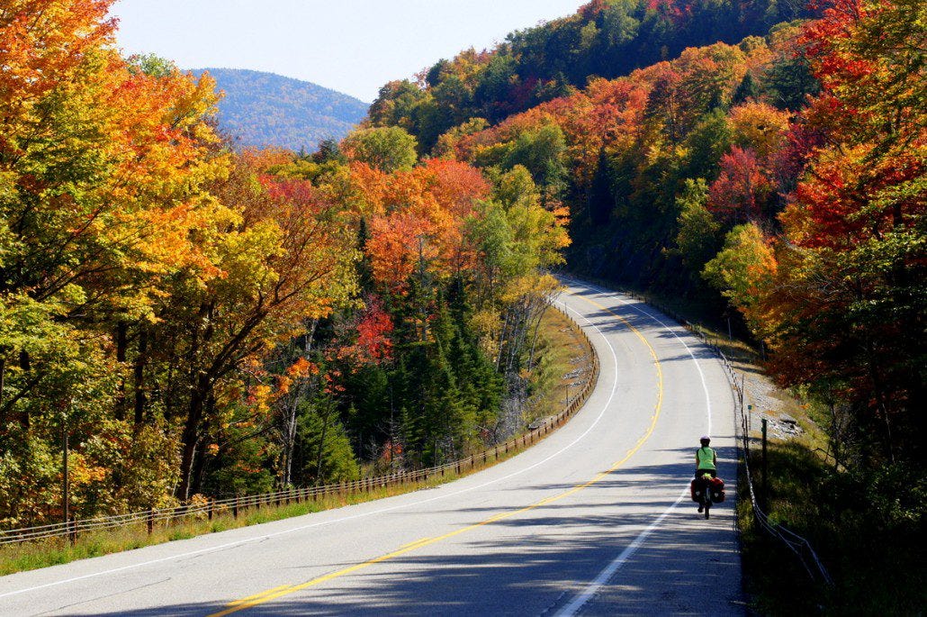 Descending a long hill on the way to Lake Placid.