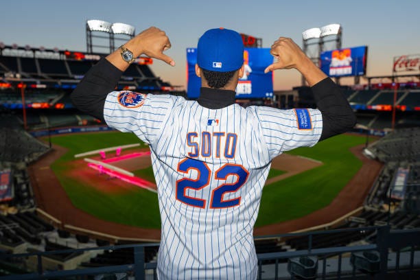 Juan Soto of the New York Mets poses for a photo during the Juan Soto introductory press conference at Citi Field on Thursday, December 12, 2024 in...