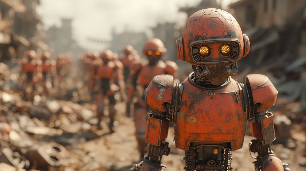 IMAGE: 3D Art | STYLE: Post-apocalyptic | COLOR THEME: Rust and Earth Tones | CHARACTER: a crew of mechanical creatures walking to the viewer | destroyed city background | ENGINE: Unreal Engine 5 | TECHNICAL: 8K resolution, HDR, high quality, high detail | MATERIAL: Art Clay --ar 16:9 --s 750 --v 6.0