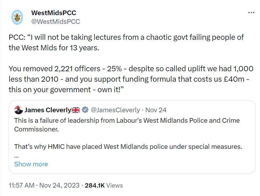 In a tweet directed at the home secretary, the Police and Crime Commissioner for the West Midlands wrote ‘I will not be taking lectures from a chaotic govt failing people of the West Mids for 13 years […] this is on your government – own it!’