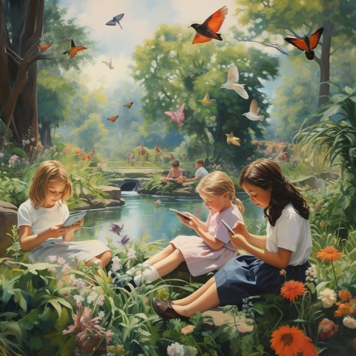 Oil painting of children sitting in a garden paradise next to a river, surrounded by birds, butterflies, beautiful nature, but all looking at iPads and cell phones. AI generated art. 