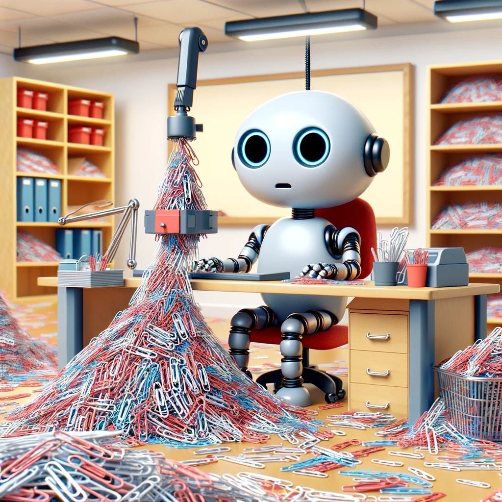 A whimsical, cartoonish AI robot in an office setting, humorously overrun with paperclips. The robot is diligently working at a desk, surrounded by mountains of paperclips, with more paperclips being produced by a machine. The scene is light-hearted and funny, capturing the essence of the paperclip maximizer thought experiment.