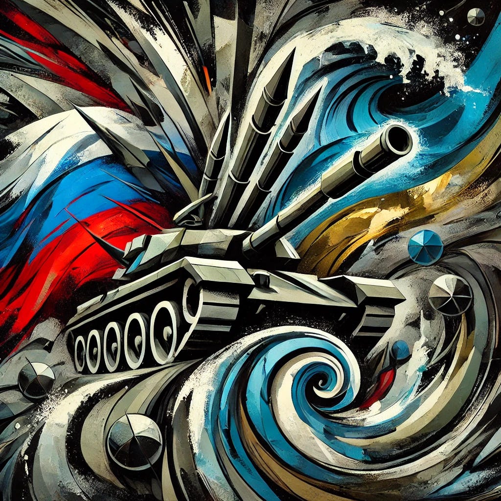 An abstract, bold painting representing the geopolitical tension between Russia, Ukraine, and the UK. The central object is an abstract military symbol, like a tank or missile, painted in sharp, angular forms with strong colors like red and black to symbolize conflict. Around it, swirling shapes in blue, green, and grey suggest waves of tension and potential retaliation. The background is dark, with splashes of muted tones like grey and brown, reflecting the gravity of the situation. Visible brushstrokes add texture and energy, emphasizing the intensity of the political landscape.