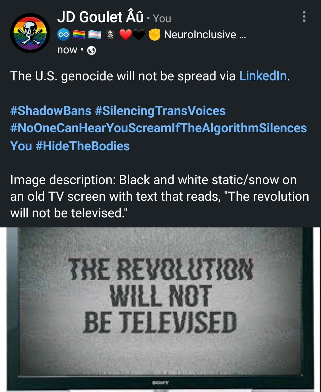 This screen shot from LinkedIn shows black and white static/snow on an old TV screen with text that reads, "The revolution will not be televised" beneath my post, "The U.S. genocide will not be spread via LinkedIn" with the hashtags Shadow Bans, Silencing Trans Voices, No One Can Hear You Scream If The Algorithm Silences You and Hide The Bodies.