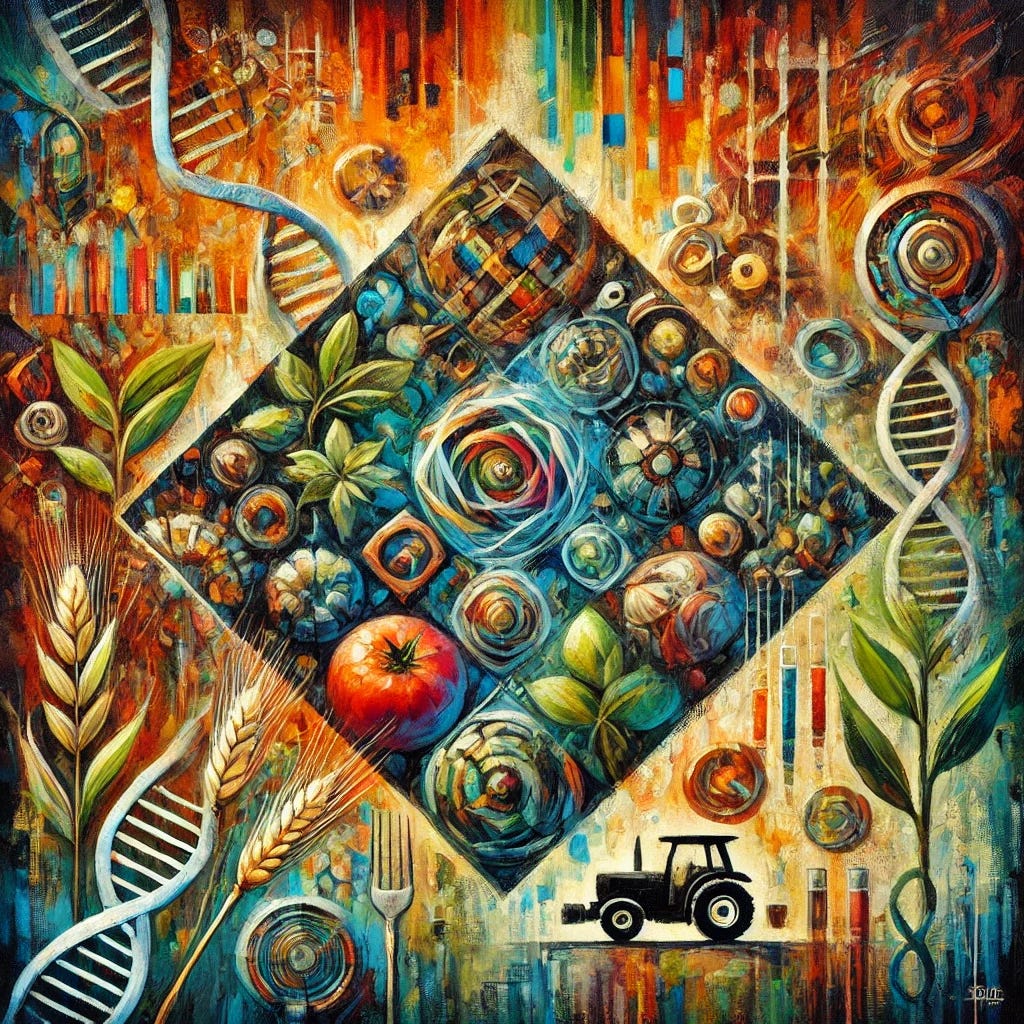 A vibrant, square abstract oil painting inspired by themes of corporate control, genetic engineering, and the transformation of traditional agriculture into industrial systems. The artwork features expressive brushstrokes and bold, dynamic colors representing the tension between nature and industry. Elements include abstract depictions of seeds, DNA strands, and machinery, intertwined with fragmented patterns evoking the destruction of biodiversity and traditional farming landscapes. The composition conveys both the intricate beauty of life forms and the oppressive influence of corporate dominance. The style is emotive, with rich textures and layered contrasts to create depth and complexity.